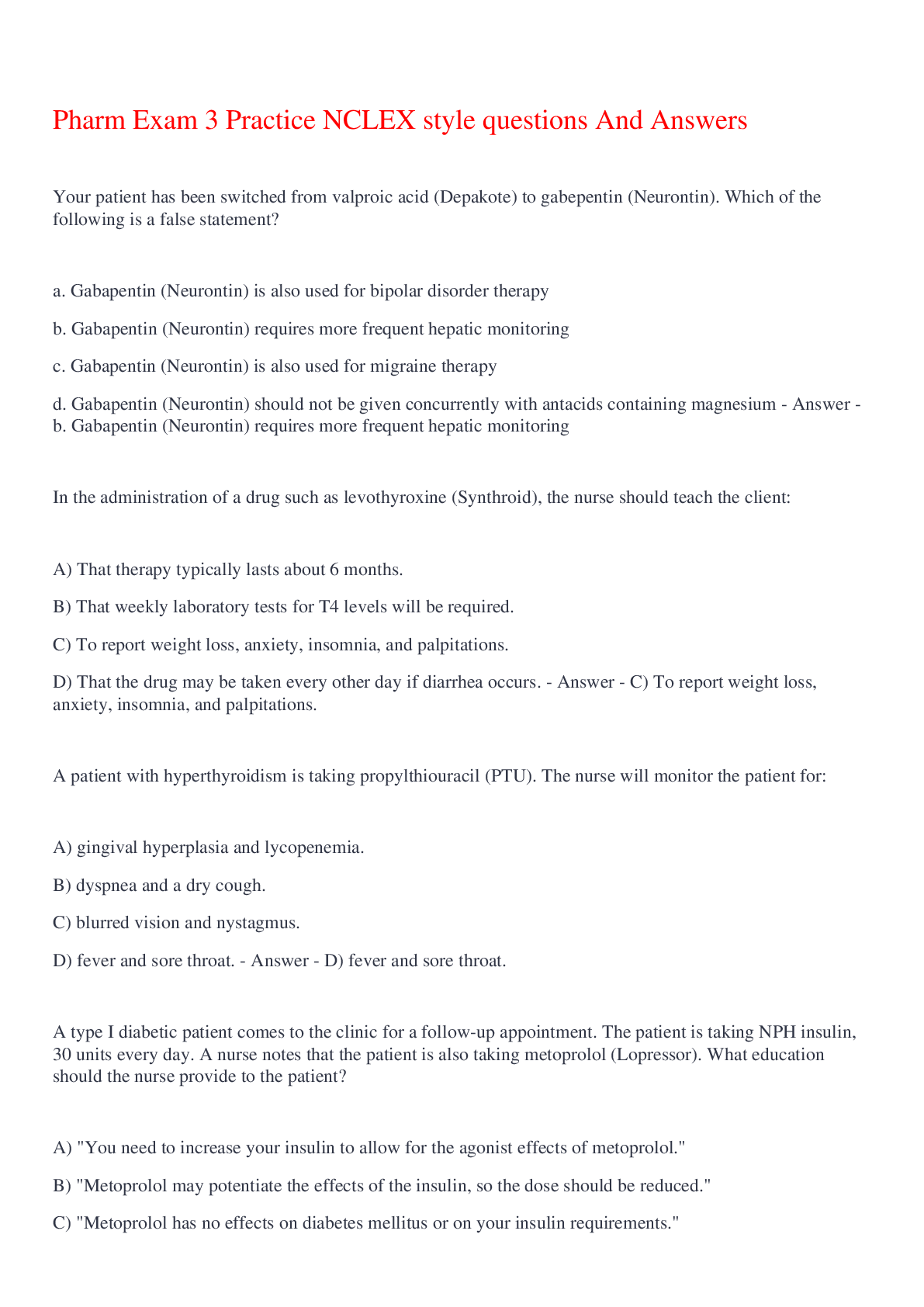 Preview image for Pharm Exam 3 Practice NCLEX style questions And Answers 2022/2023